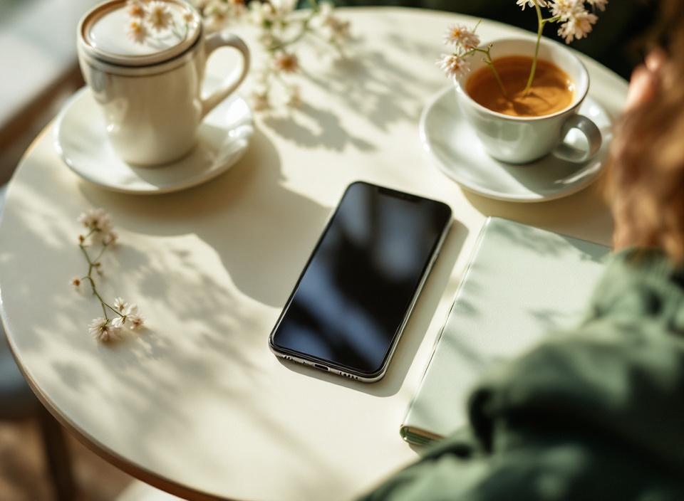 A phone beside tea and a notebook.